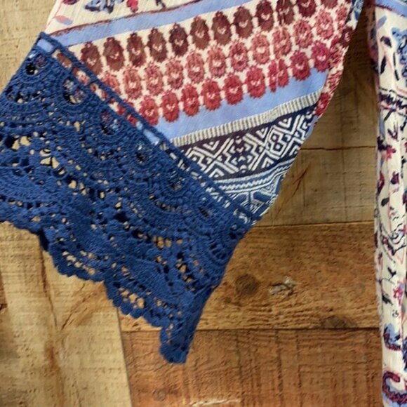 Boho Chic Womens Floral & Geometric Print Kimono Cardigan With Blue Lace Trim - Picture 4 of 6